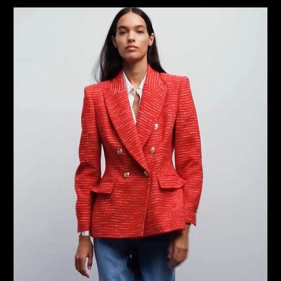 Red, textured double breasted blazer from Zara - NWT - Picture 10 of 14
